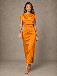 Cowl Neck Satin Mother of the Bride Dress with Ruched Waist