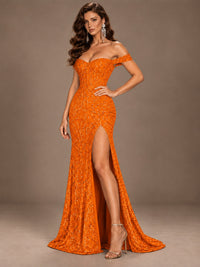 Off the Shoulder Corset Sequin Mermaid Prom Dress with Slit