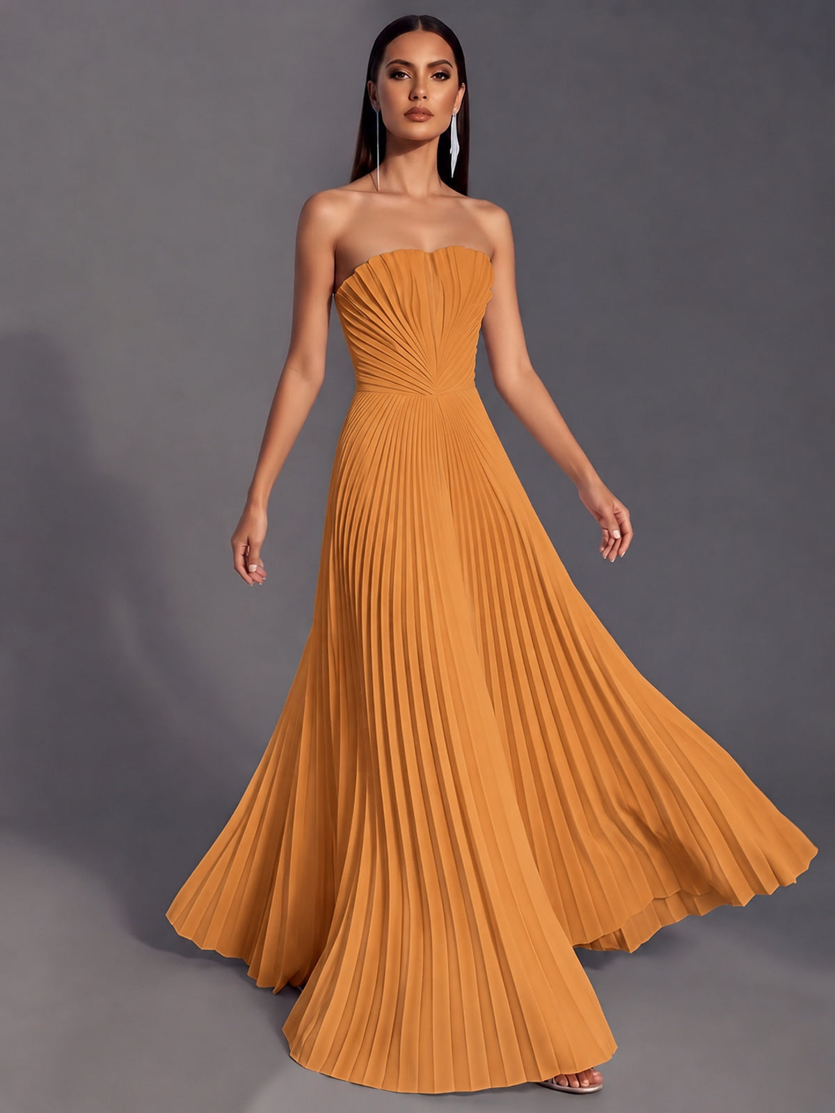 Strapless A-line Long Pleated Satin Prom Dress