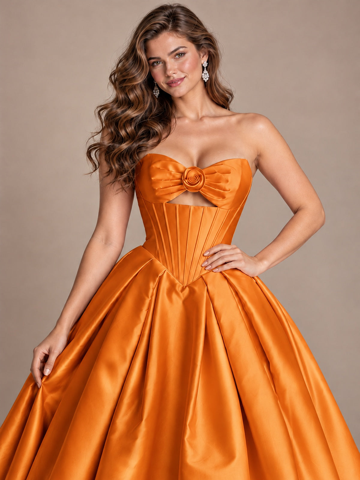 Pink Strapless Corset Satin Prom Derss & Ball Gown with 3D Floral