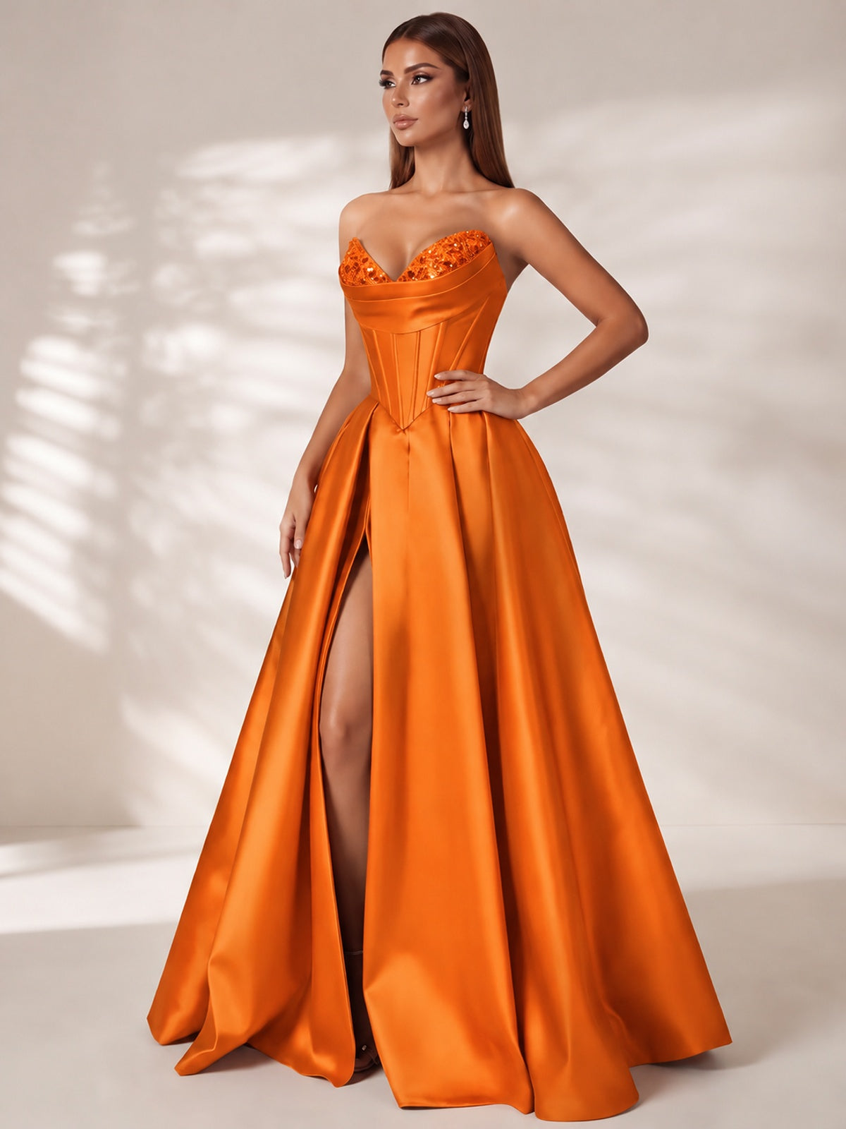Strapless Corset Satin Prom Dress Long Evening Gown with High Slit
