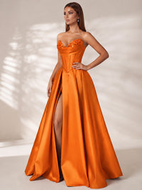 Strapless Corset Satin Prom Dress Long Evening Gown with High Slit