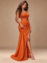 Gold Sequin Strapless Corset Prom Dress with High Slit