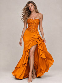 Strapless Lace Appliques Corset Satin Prom Dress Ruffle Slit Evening Gown