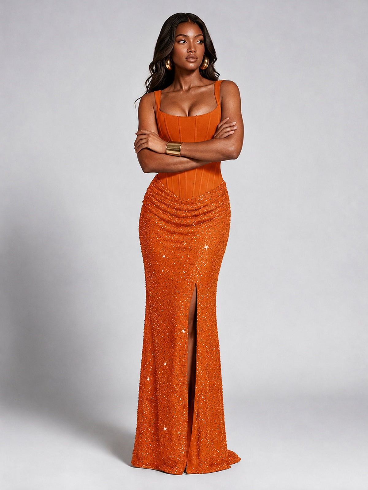 Sequin Corset Mermaid Prom Dress with Square Neck Wide Strap High Slit