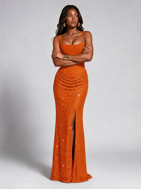 Sequin Corset Mermaid Prom Dress with Square Neck Wide Strap High Slit