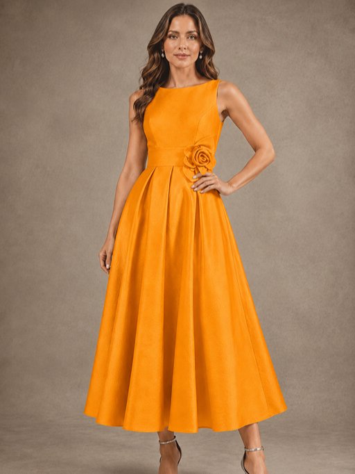 Tea-Length Satin Mother of the Bride Dress with 3D Flower Detail