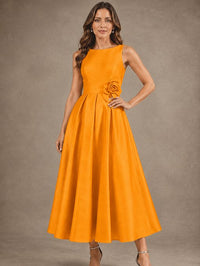Tea-Length Satin Mother of the Bride Dress with 3D Flower Detail