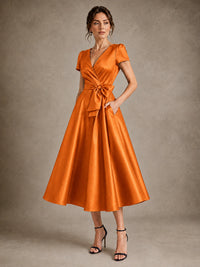 V-Neck Tea-Length Satin Mother of the Bride Dress with Bow