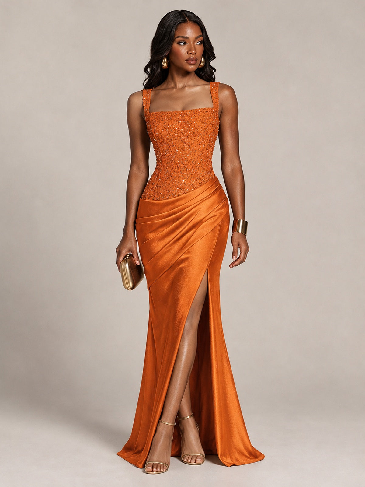 Scoop Neck Sequin Prom Dress with High Slit Satin Formal Gowns