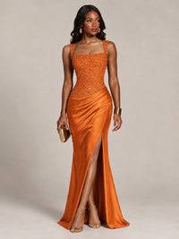 Scoop Neck Sequin Prom Dress with High Slit Satin Formal Gowns