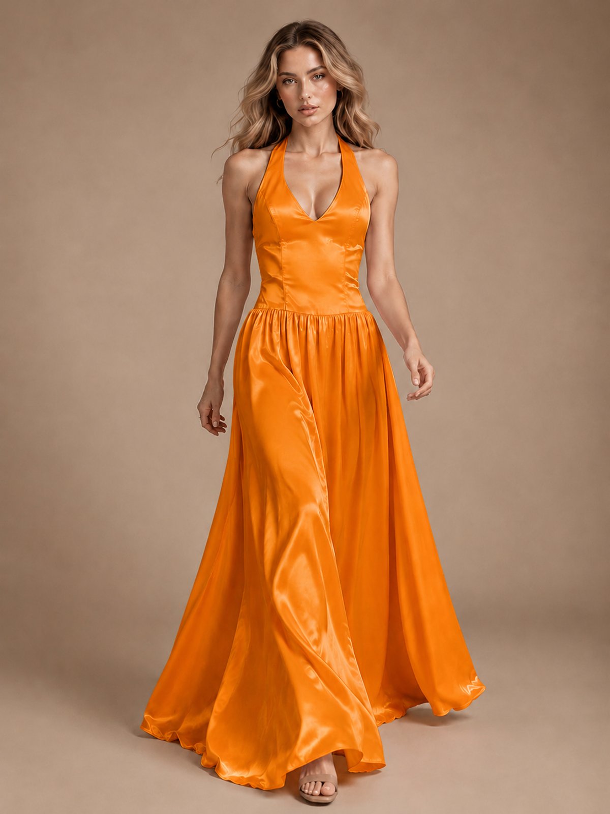 Pink V Neck Halter Satin Maxi Dress