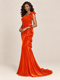 Black Velvet One-Shoulder Mermaid Evening Gown with Bow & Ruffles