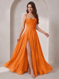 Sparkly Cowl Neck Corset Long Prom Dress with Slit A-line Tulle Ball Gown