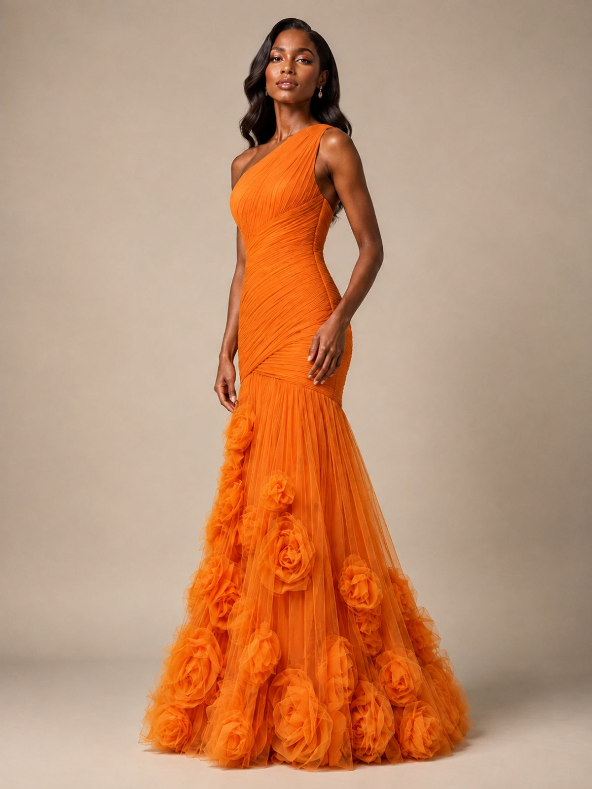 Blush Pink One Shoulder 3D Floral Mermaid Prom Dress