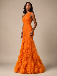 Blush Pink One Shoulder 3D Floral Mermaid Prom Dress