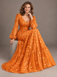Floral Sequin Embroidered A-Line Mother of the Bride Dress with Long Sleeves