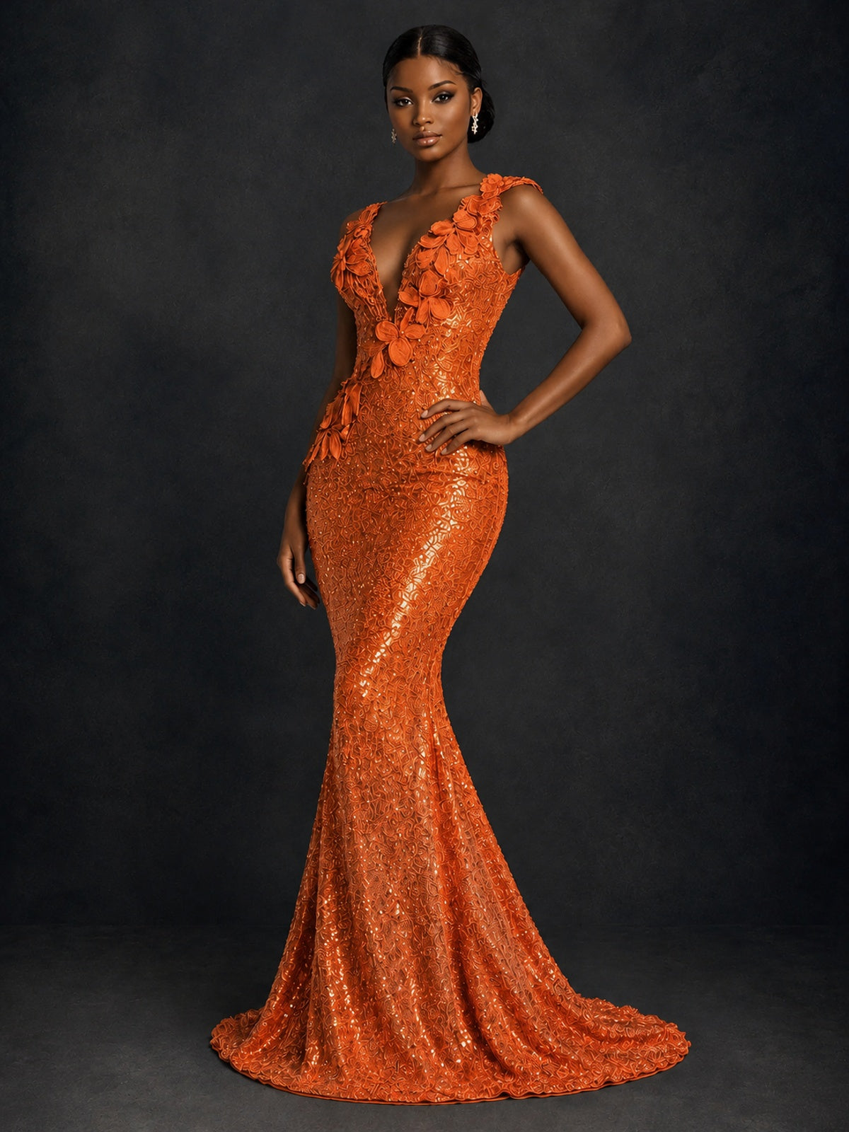 Gold Sequin Floral Applique Mermaid Prom Dress