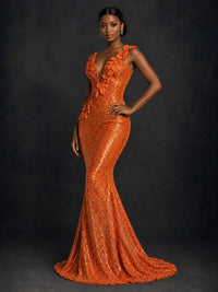 Gold Sequin Floral Applique Mermaid Prom Dress