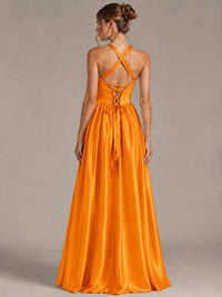 Light Yellow Halter Neck Satin A-Line Maxi Dress with Pockets