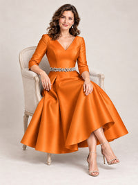 V-Neck Tea-Length Mother of the Bride Dress with Embellished Waist