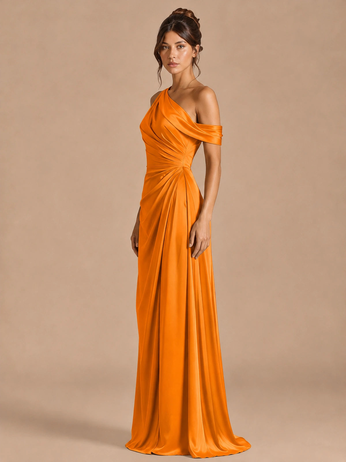 Satin One Shoulder Prom Dress Ruched Long Formal Evening Gown