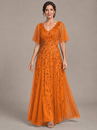 V-Neck Sequin Tulle Mother of the Bride Dress with Flutter Sleeve
