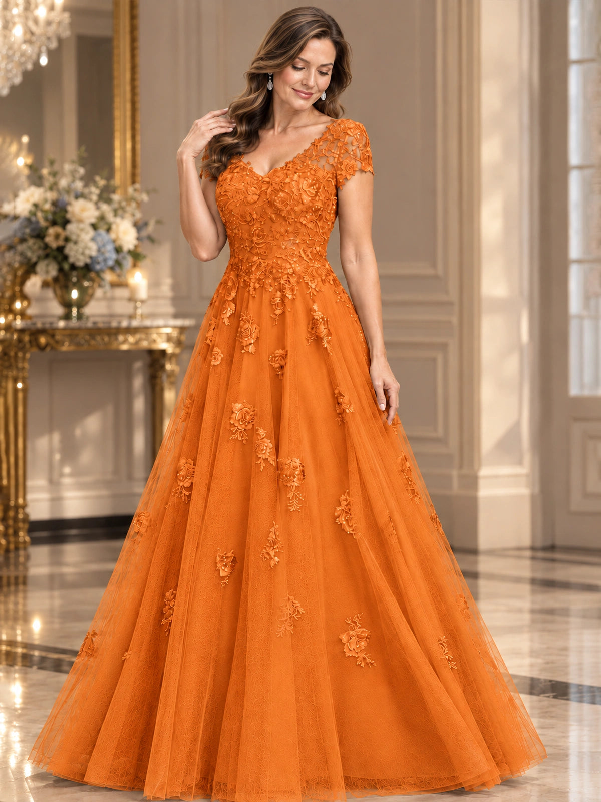 Lace Appliques A-line Mother of The Bride Dresses with Short Sleeves