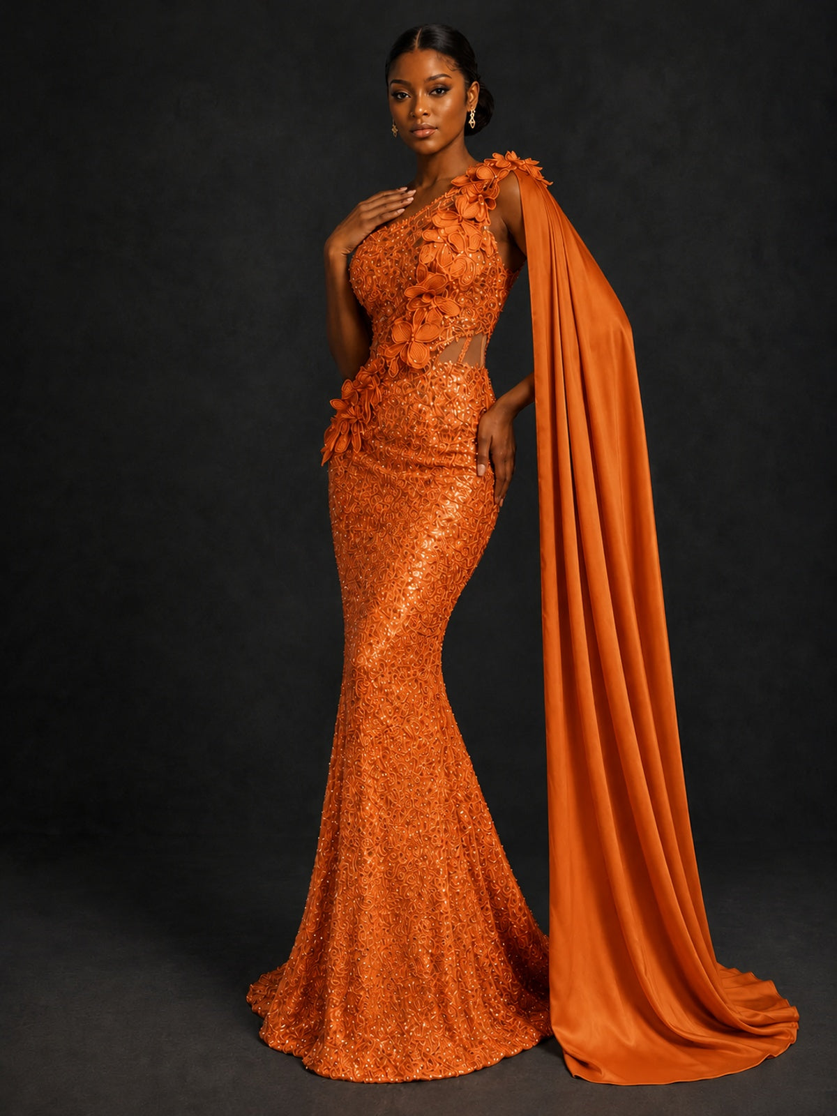 Gold Sequin One Shoulder Mermaid Prom Dress with Cape
