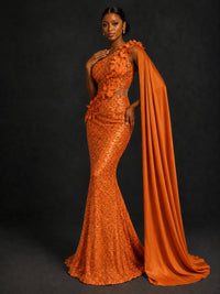 Gold Sequin One Shoulder Mermaid Prom Dress with Cape