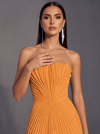 Strapless A-line Long Pleated Satin Prom Dress