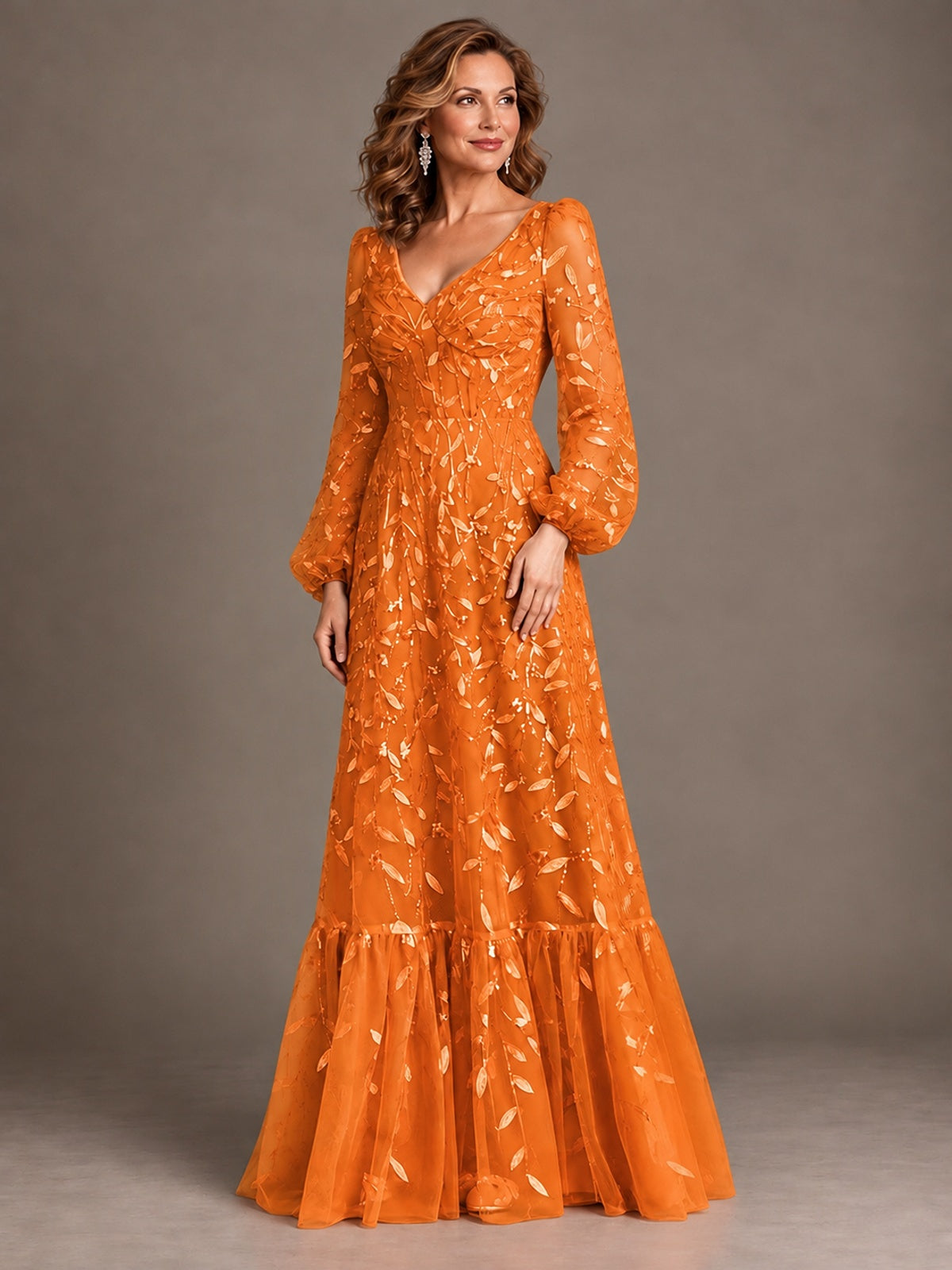 Floral Sequin Embroidered A-Line Mother of the Bride Dress with Long Sleeves