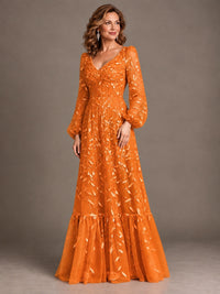 Floral Sequin Embroidered A-Line Mother of the Bride Dress with Long Sleeves