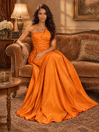 Draped Satin Prom Dress Strapless A-line Formal Dress Floor Length