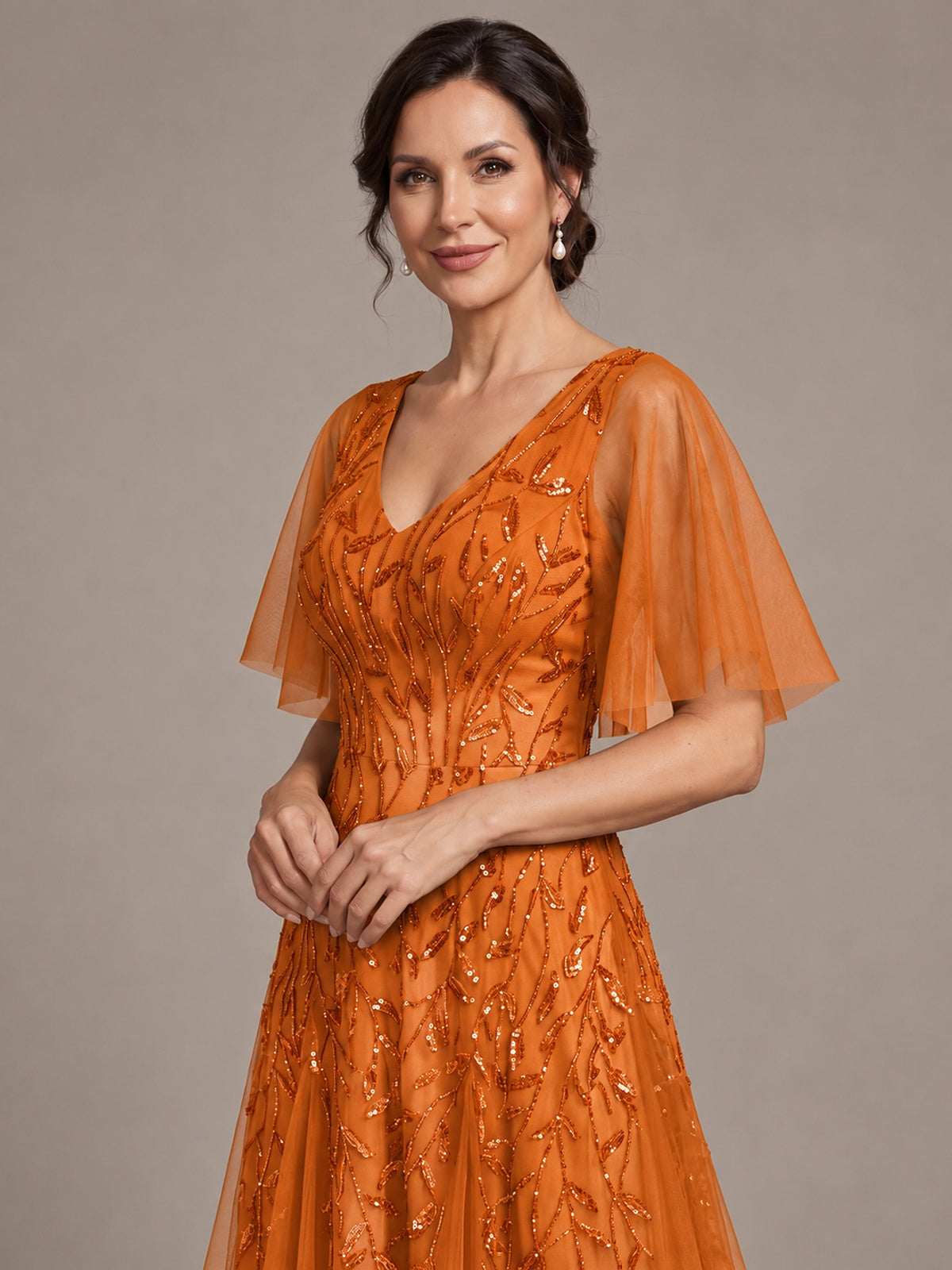 V-Neck Sequin Tulle Mother of the Bride Dress with Flutter Sleeve