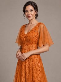 V-Neck Sequin Tulle Mother of the Bride Dress with Flutter Sleeve