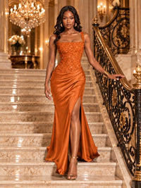 Scoop Neck Sequin Prom Dress with High Slit Satin Formal Gowns
