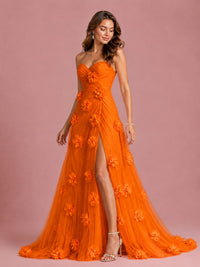 3D Floral Applique Strapless Tulle Prom Dress with High Slit