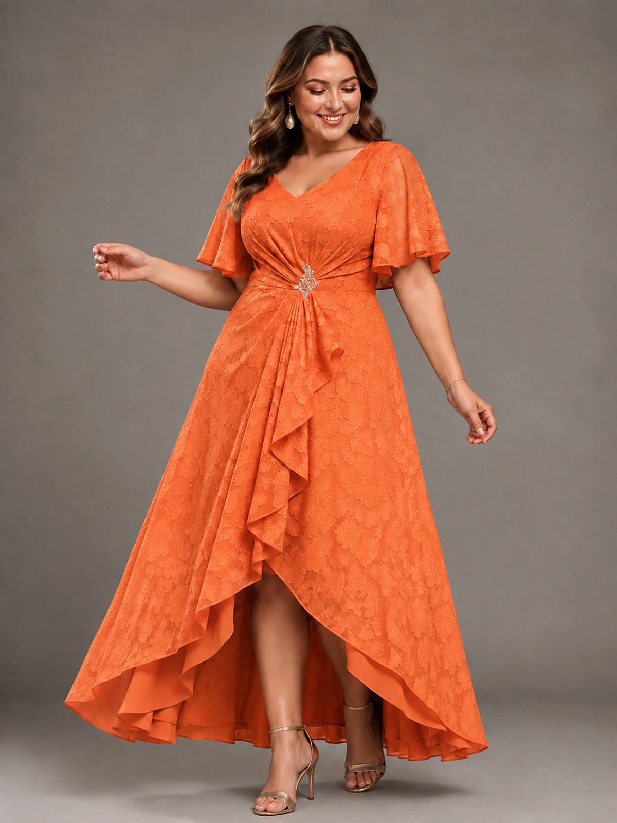 Jacquard Chiffon A-Line V-Neck High-Low Mother of the Bride Dress