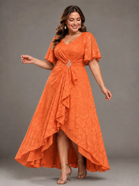 Jacquard Chiffon A-Line V-Neck High-Low Mother of the Bride Dress