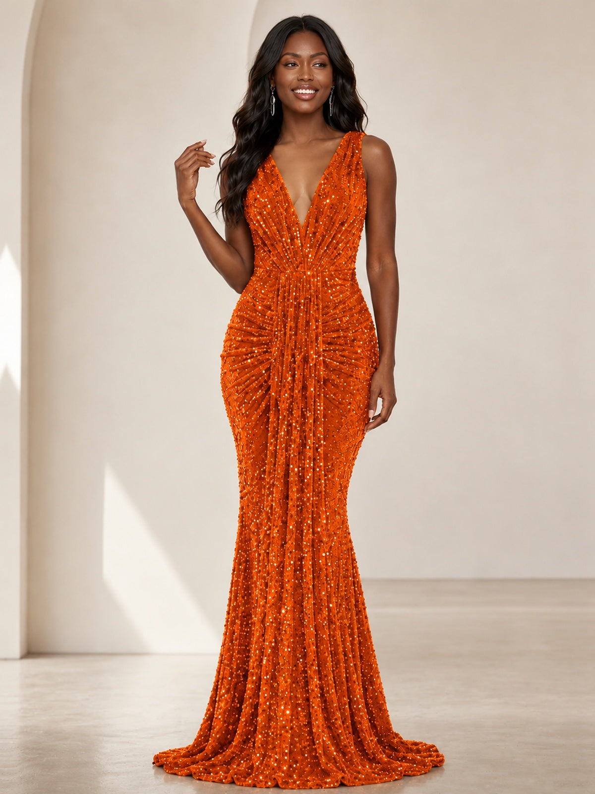 Sequin Mermaid Prom Dress with V-Neck and Ruched Waist