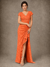 V-Neck Floral Jacquard Mother of the Bride Dress with Slit
