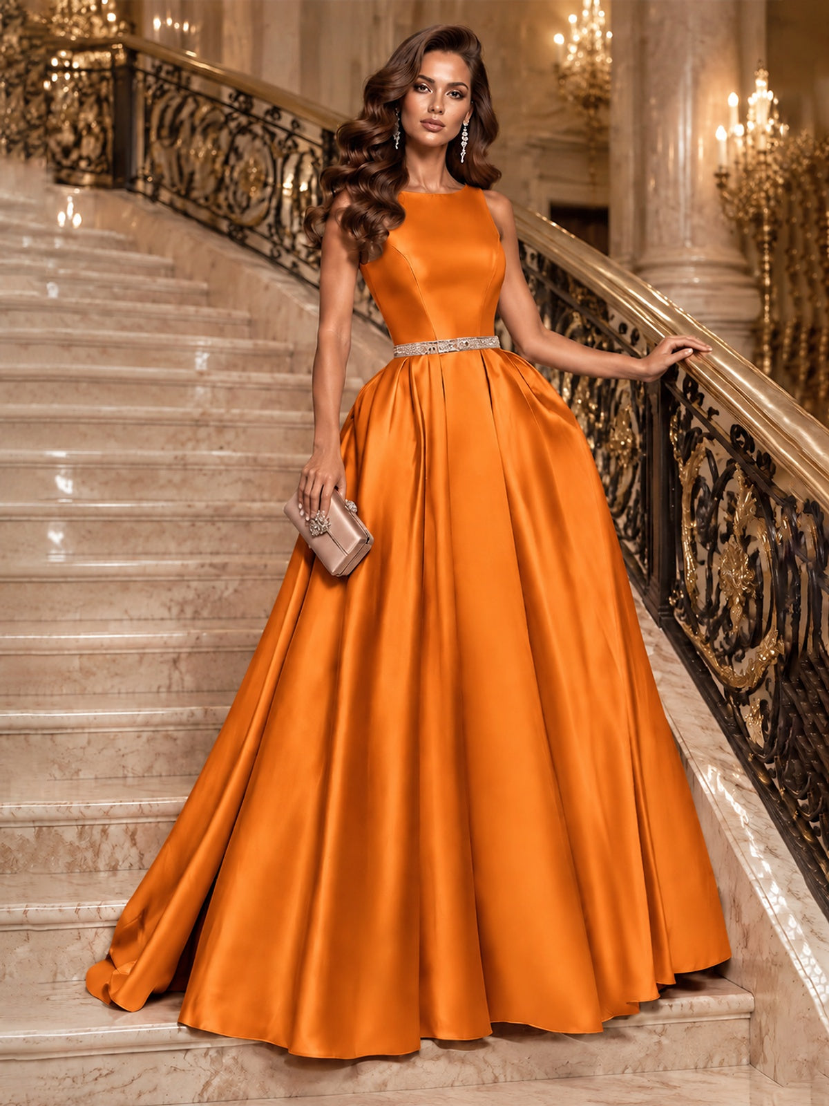 Satin A-Line Prom Dress Sleeveless Beaded Waist Formal Gown with Pockets