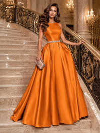 Satin A-Line Prom Dress Sleeveless Beaded Waist Formal Gown with Pockets