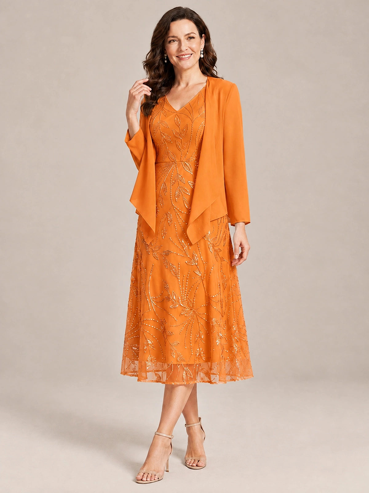Tea Length Sequin Lace Mother of the Bride Dress with Chiffon Jacket