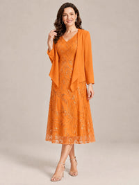 Tea Length Sequin Lace Mother of the Bride Dress with Chiffon Jacket