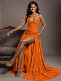 Luxury Strapless Sequin Corset Mermaid Prom Dress with High Slit & Train