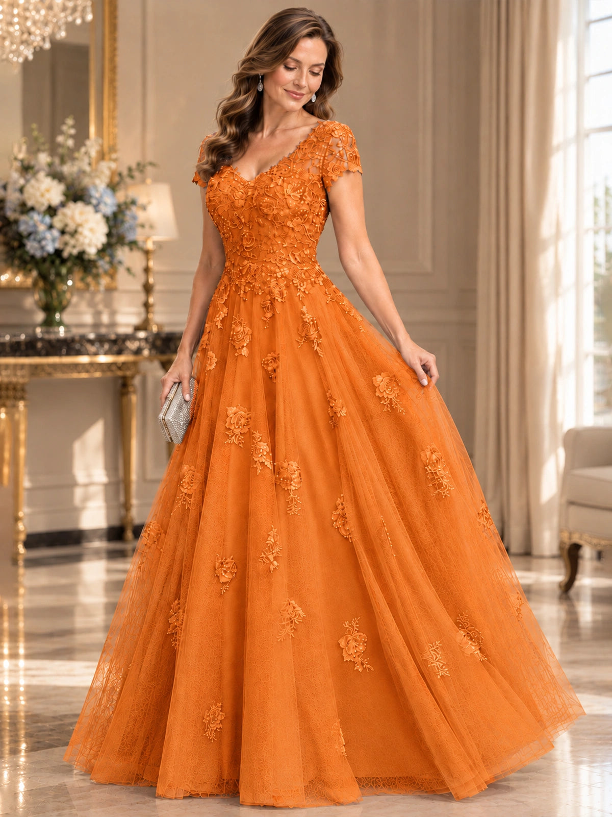 Lace Appliques A-line Mother of The Bride Dresses with Short Sleeves