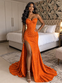 Beaded Sequin Prom Dress Strapless Formal Gowns with High Slit Train