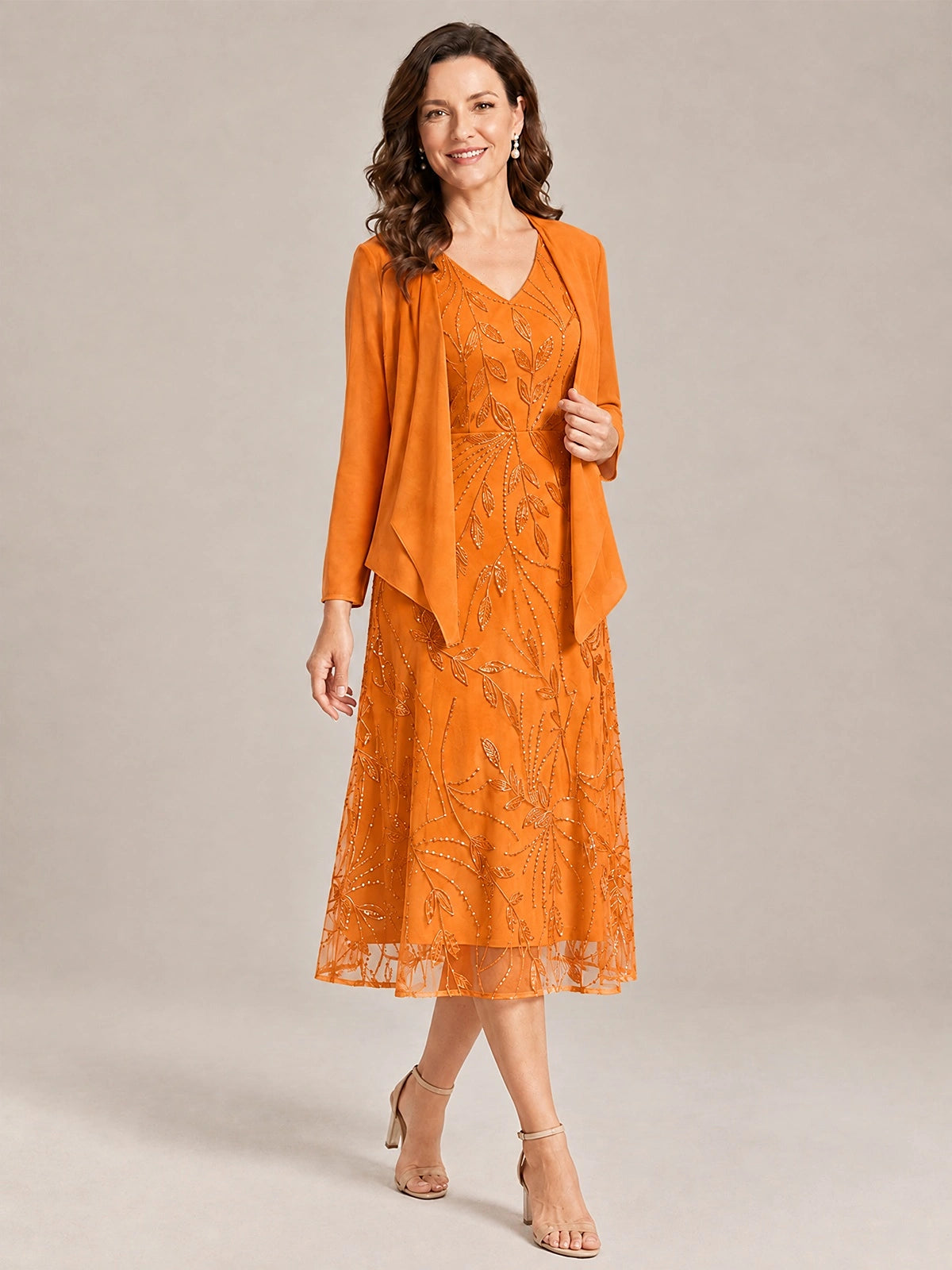 Tea Length Sequin Lace Mother of the Bride Dress with Chiffon Jacket